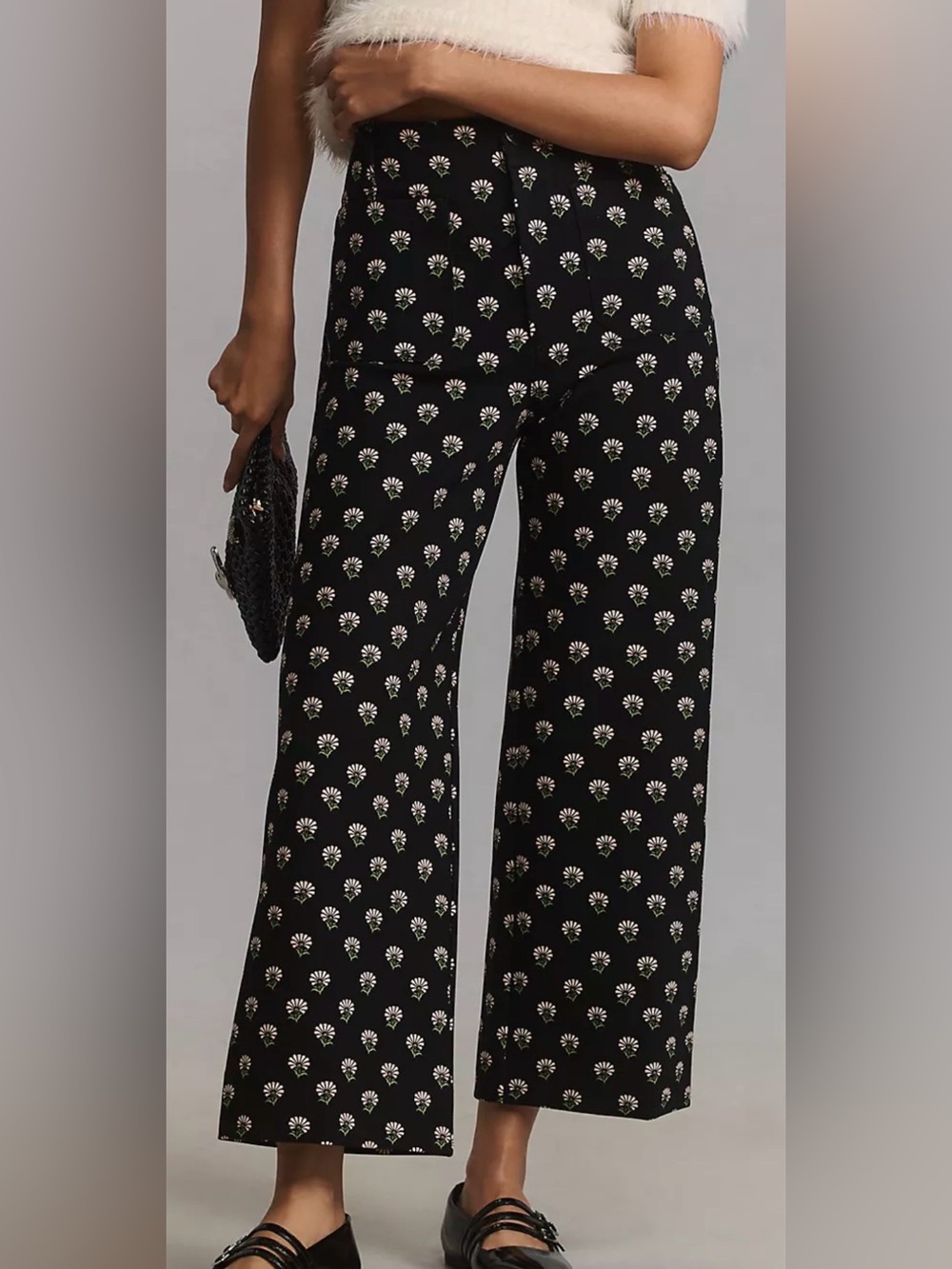 Anthro x Maeve The Colette Cropped Wide Leg Trousers Ponte Floral Black Size 25